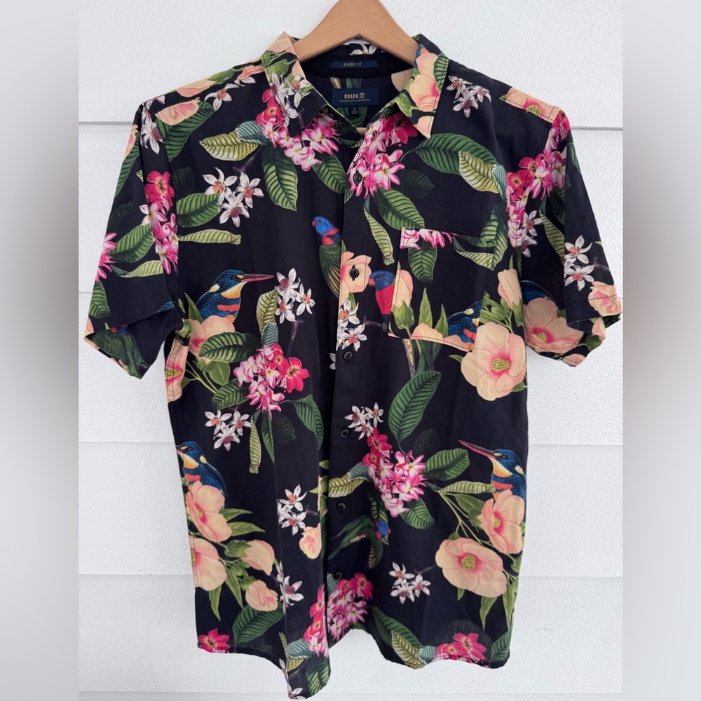 Roark Journey Classic Fit Men's L Short Sleeve Shirt Floral Black Linen Blend